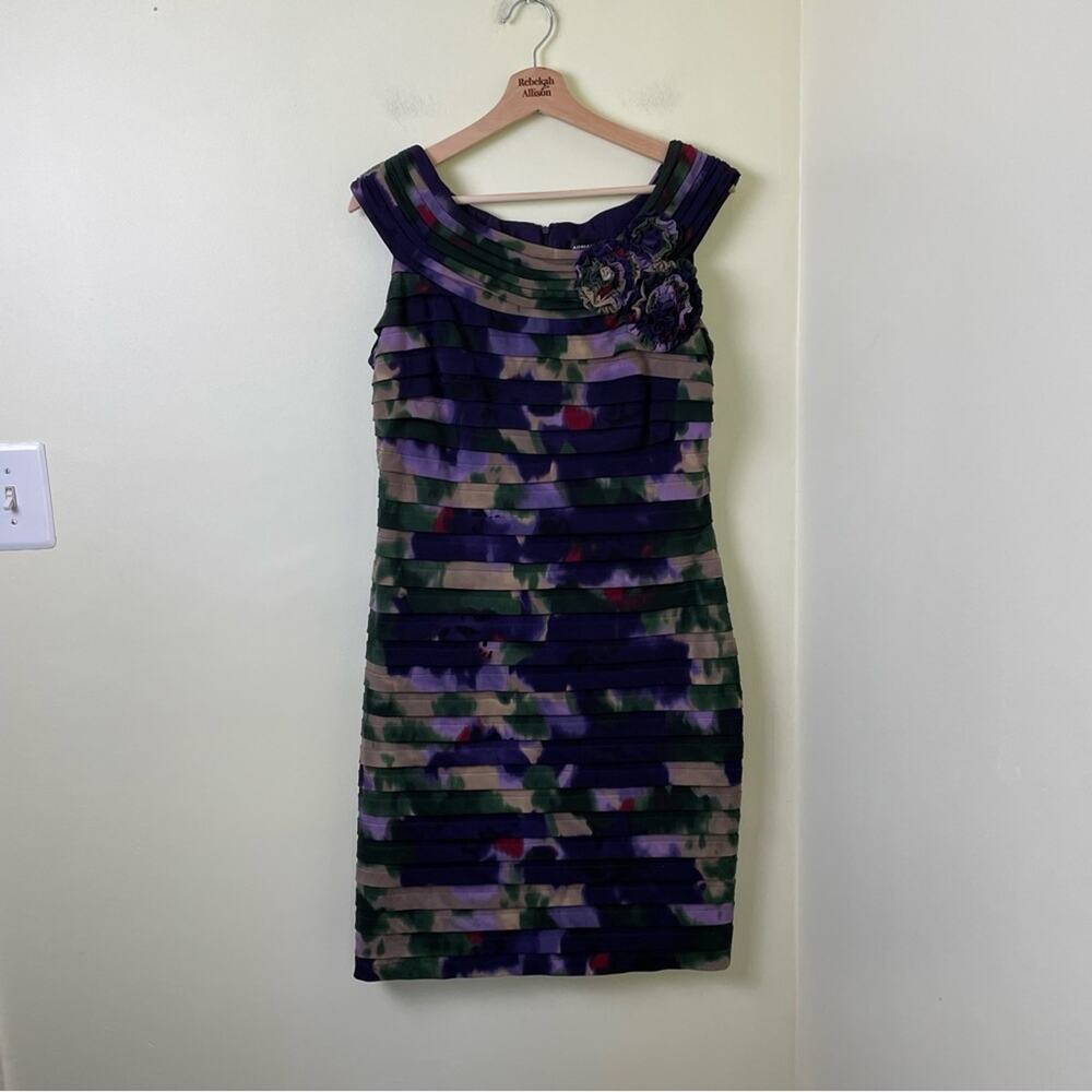 Adrianna Papell Shutter Pleated Sheath Dress with Flowers in Purple Floral SZ 14 - Picture 3 of 10